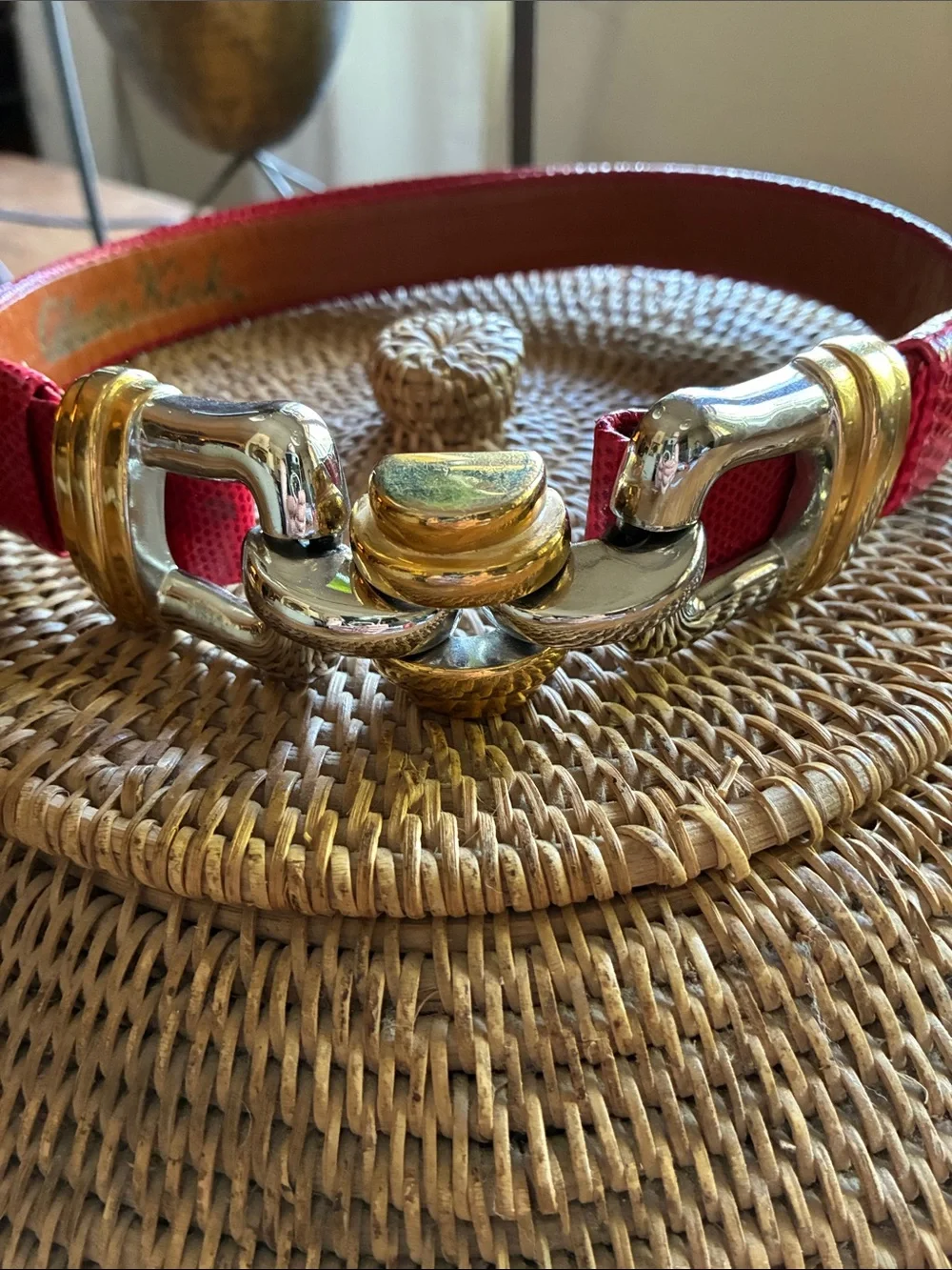Vintage 80’s Alexis Kirk Red Snakeskin Leather Gold Silver Buckle Leather Belt